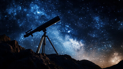 Silhouette of a large telescope set against a dazzling starlit sky, crisp outlines and glowing constellations, palette of midnight blue, silver white, and cosmic indigo, night observation scene