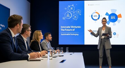 Corporate presentation on sustainable packaging with a woman presenting data to a boardroom audience on a large screen with infographics