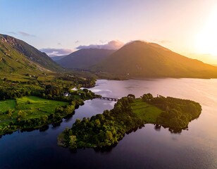 Scenic lake and mountains at sunset