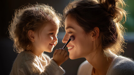 A young daughter brushing eyeshadow on her mother’s face in a sunny bedroom, mother daughter beauty play, family makeup bonding, parent child fun moment, joyful family time, with c