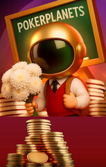Golden boy in space suit with a poker planets board