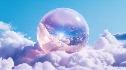 Vintage-style illustration of a mysterious orb floating in a cloudy sky, faded textures and nostalgic tones, palette of dusty cobalt, parchment white, and muted lavender, retro sci-fi artwork