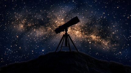 Vintage-style illustration of a silhouetted telescope under a sparkling night sky, faded textures and nostalgic tones, palette of dusty navy, parchment white, and muted plum, retro astronomy artwork