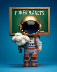 Golden boy in space suit with a poker planets board