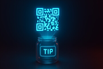 Digital tip jar with glowing QR code in neon blue light, modern cashless payment concept for online tipping, fintech donation, virtual wallet transaction, smart contactless technology for cafes and cr
