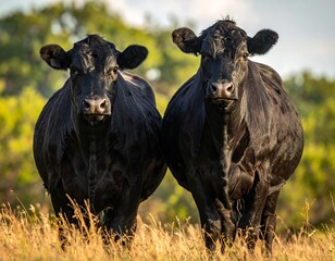 Two black cows in a field