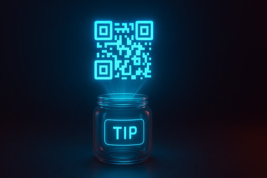 Digital tip jar with glowing QR code in neon blue light, modern cashless payment concept for online tipping, fintech donation, virtual wallet transaction, smart contactless technology for cafes and cr
