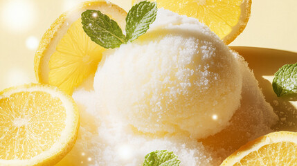 Vintage-style illustration of yuzu sorbet with mint sprigs and citrus slices, faded textures and nostalgic tones, palette of dusty yellow, parchment green, and muted lime, retro dessert artwork