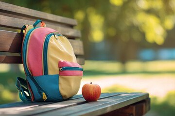 Colorful backpack and apple on a park bench suggest returning to school for the new school year in warm weather, education concept.