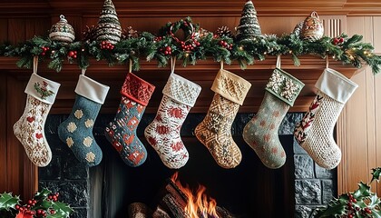 Cozy Christmas stockings hang above a warm, crackling fireplace with festive garland