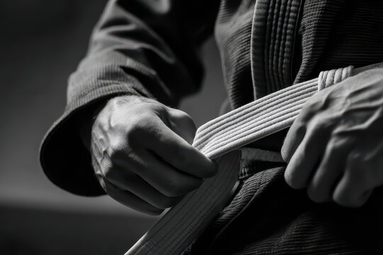 Promotion during Brazilian jiu jitsu training with intense focus on belt tying in a dimly lit dojo setting