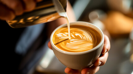 pouring coffee into a cup cappuccino latte in a glass Barista behind the bar pouring latte