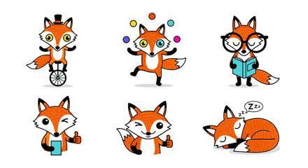 Obraz premium Expressive Fox Cub Trio: Cute Cartoon Kitsune Friends