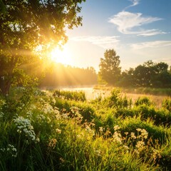 Sunrise over a lush meadow