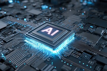 Advanced microprocessor connecting with artificial intelligence in a high-tech circuit board environment at dawn