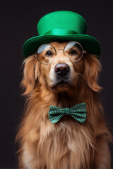 A dog with a green hat, glasses, and bowtie looks smartly towards the camera. A festive and formal attire on a golden retriever.