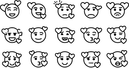 Obraz premium Set of love-struck face with hearts outline vector icons