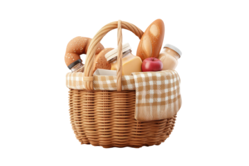Wicker basket with bread, jars, and apple on checkered cloth, cut out