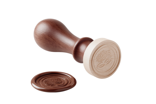 Wooden seal stamp with tree and leaf design on clear background, cut out