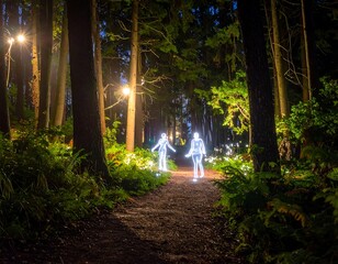 Luminescent figures in a forest at night