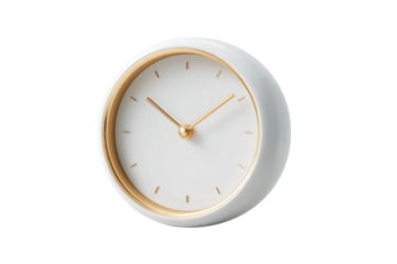 Elegant white and gold wall clock with minimalist design on white background, cut out