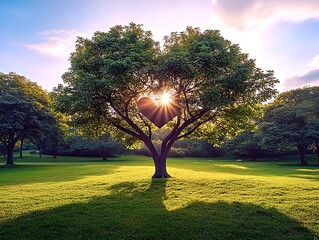 Heart shaped tree basks in golden sunrise light, symbolizing love and nature