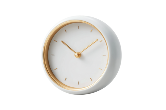 Elegant white and gold wall clock with minimalist design on white background, cut out