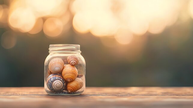 A glass jar filled with various seashells sits on a wooden table with a bokeh background