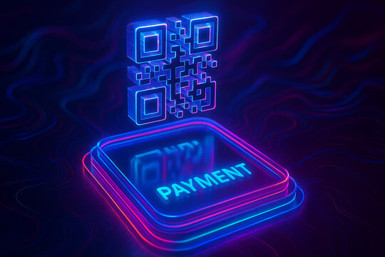 Digital QR code glowing neon payment button, futuristic fintech transaction interface, contactless mobile pay technology, online banking innovation, cashless system design for secure virtual currency  - Powered by Adobe