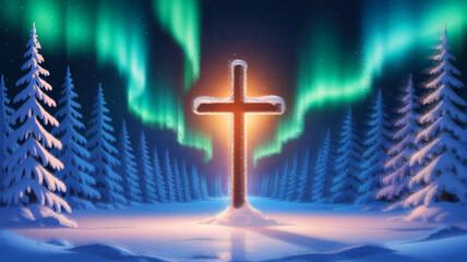 Illuminated glowing cross standing in snowy winter forest under vibrant aurora northern lights, spiritual Christian holiday background symbolizing faith, hope, and peace