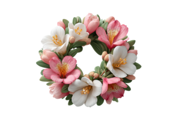 Vibrant floral wreath with pink and white blossoms on black background, cut out