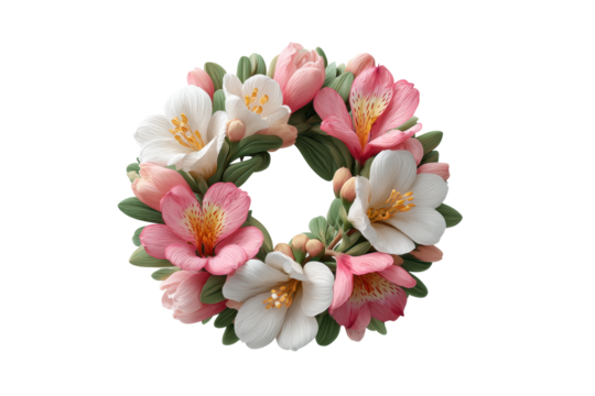 Vibrant floral wreath with pink and white blossoms on black background, cut out