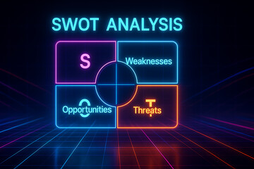 SWOT analysis glowing neon infographic, strategic business planning framework with strengths weaknesses opportunities threats matrix, corporate management strategy visualization, digital organizationa