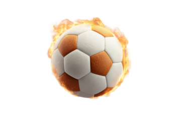 Fiery soccer ball in motion with flames, cut out