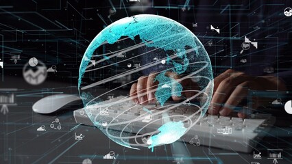 This image showcases a digital globe with data visualization elements superimposed over a person hands typing on a keyboard, highlighting global connectivity in technology. Xenic
