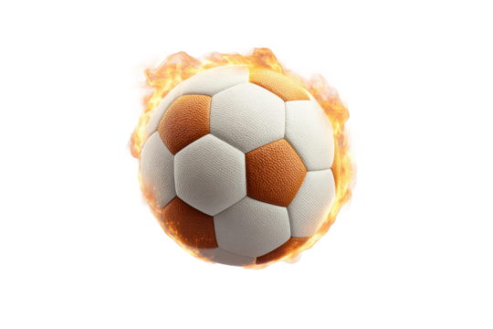 Fiery soccer ball in motion with flames, cut out