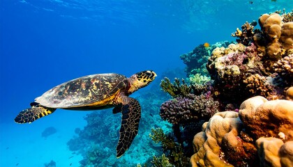Obraz premium A turtle swims near vibrant coral reef under clear, blue ocean waters