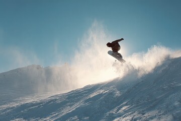 Snowboarder performs impressive trick in bright mountain setting with powder snow and clear blue sky under midday sun