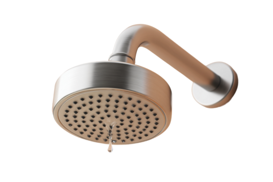 Stainless steel shower head with droplet isolated on white background, cut out