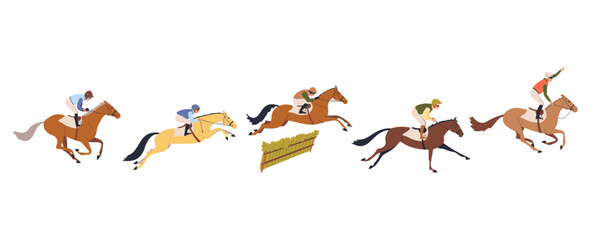 Horse jockeys racing and jumping over obstacle during steeplechase