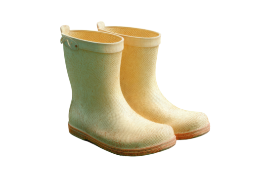 Yellow rubber boots with textured surface on black background, cut out