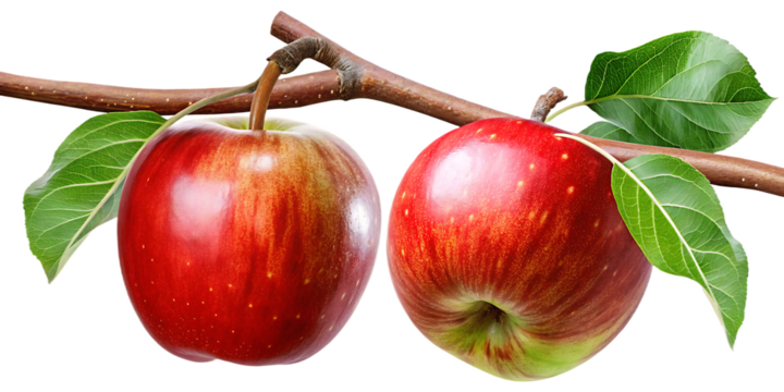 Two ripe red apples with green leaves on branch isolated on a transparent background - Powered by Adobe