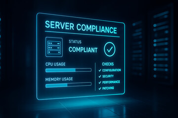 Server compliance neon dashboard with system status check, CPU usage monitoring and memory usage analysis, cybersecurity regulation audit concept for data protection governance and IT infrastructure s