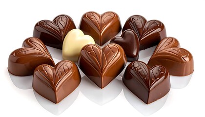 Heart-shaped chocolates in varied hues clustered together on a reflective white surface