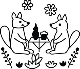 cute forest animals having picnic with flowers illustration on transparent background