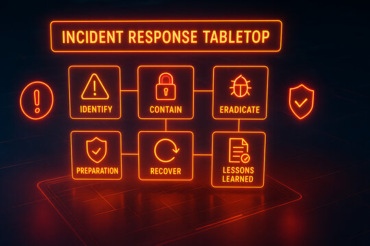 Incident response tabletop neon glowing illustration, cyber security training workflow for preparation identification containment eradication recovery and lessons learned, digital risk management conc