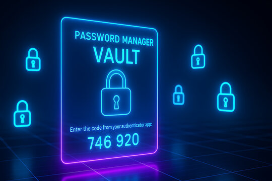 Password manager vault neon glowing digital authentication lock with code display, two factor authentication security access protection login verification system for safe data encryption identity priv - Powered by Adobe