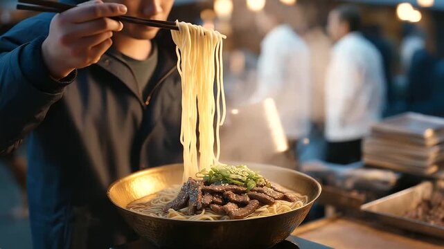 A street vendor his face weathered with deep lines stands behind a cart in a bustling market stirring Pyeongyang Naengmyeon in a yugi brass bowl. The bowl&rsquo;s curved edges reflect