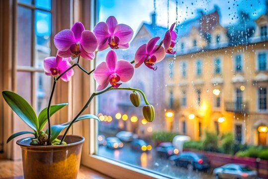 A phalaenopsis(flowers and buds) in a beautiful clay pot sits on a bay window sill in an apartment in the capital of a Western European country.Outside, it's raining and the old architecture is visibl