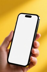 Man’s hand is holding a modern mobile phone with white screen on the yellow background 